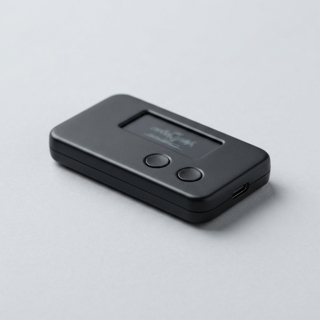 Compact black electronic device with a small display, two round buttons, and a side port on a gray surface.