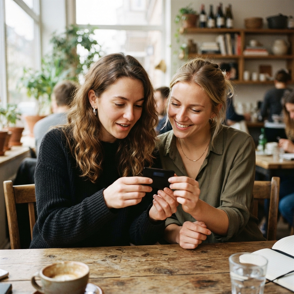 Two women smile together while viewing a smartphone at a wooden café table.