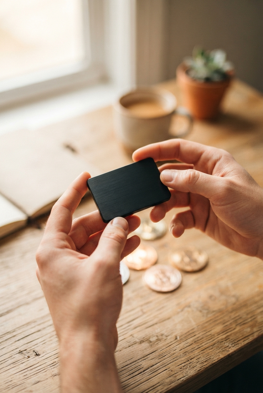 Two hands hold a small matte-black rectangular object over a wooden table with a mug, plant, notebook, and scattered discs.