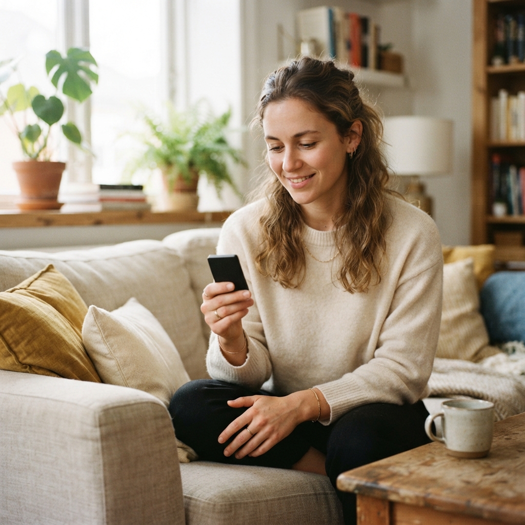 Woman smiling at a smartphone while seated on a cushioned sofa in a bright living room.
