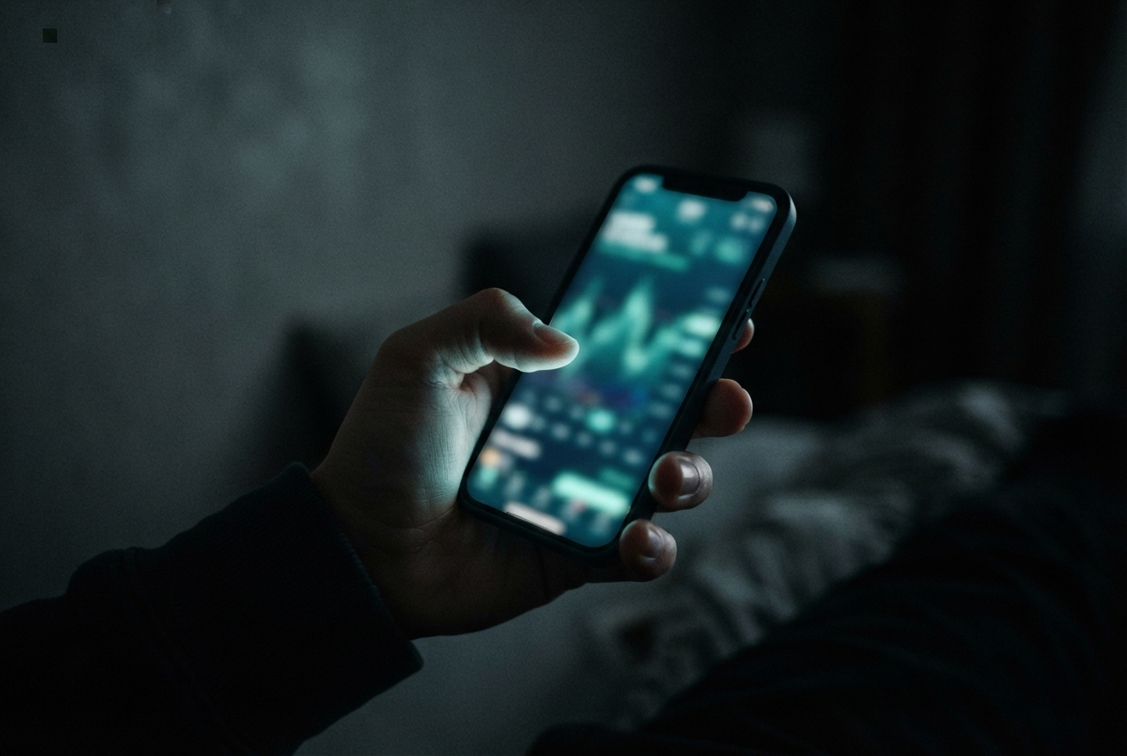Hand holding a glowing, blurred smartphone in a dark room.