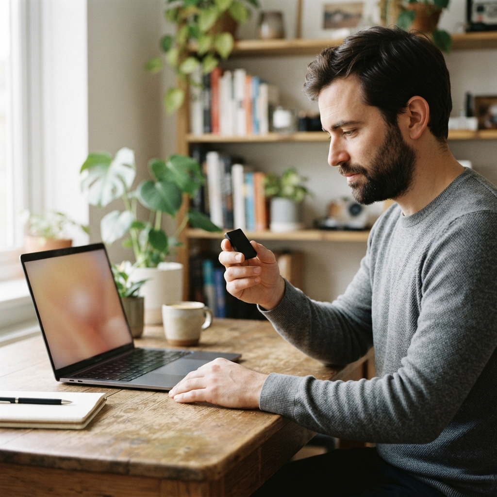 Bearded man holding a small black device beside an open laptop at a plant-filled wooden desk.