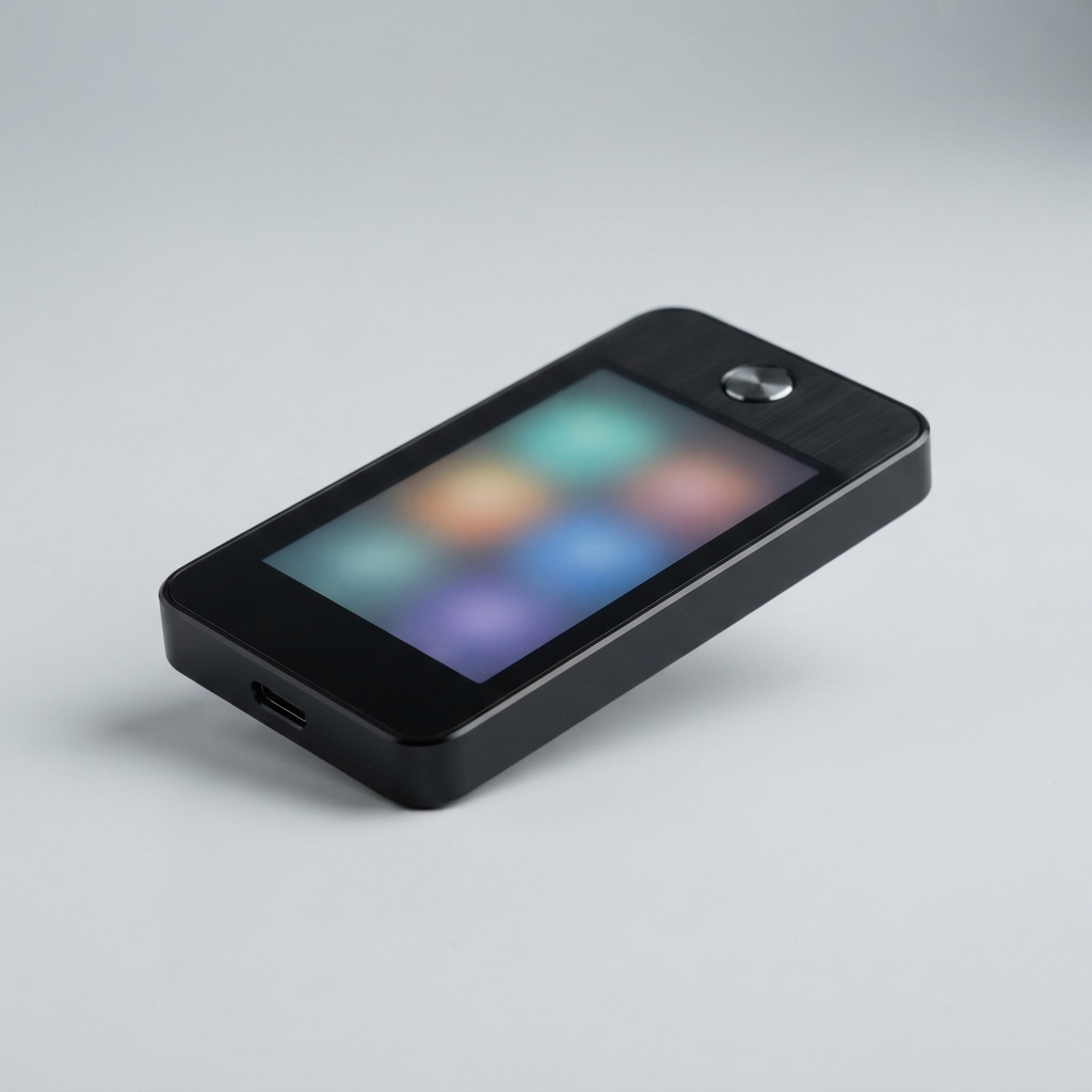 Black handheld device with a blurred multicolored screen, round button, and side port on a gray background.