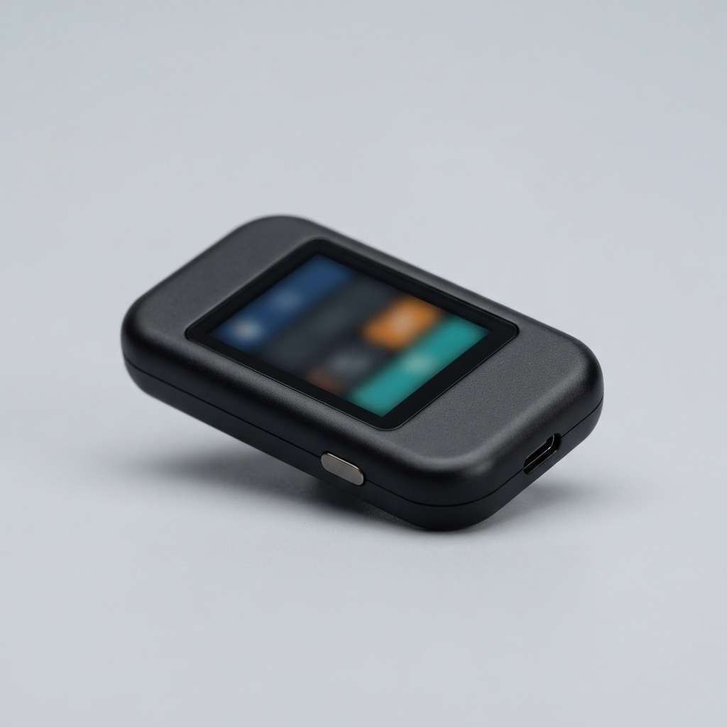 Black rounded electronic device with a blurred colorful touchscreen, side button, and charging port on a gray surface.