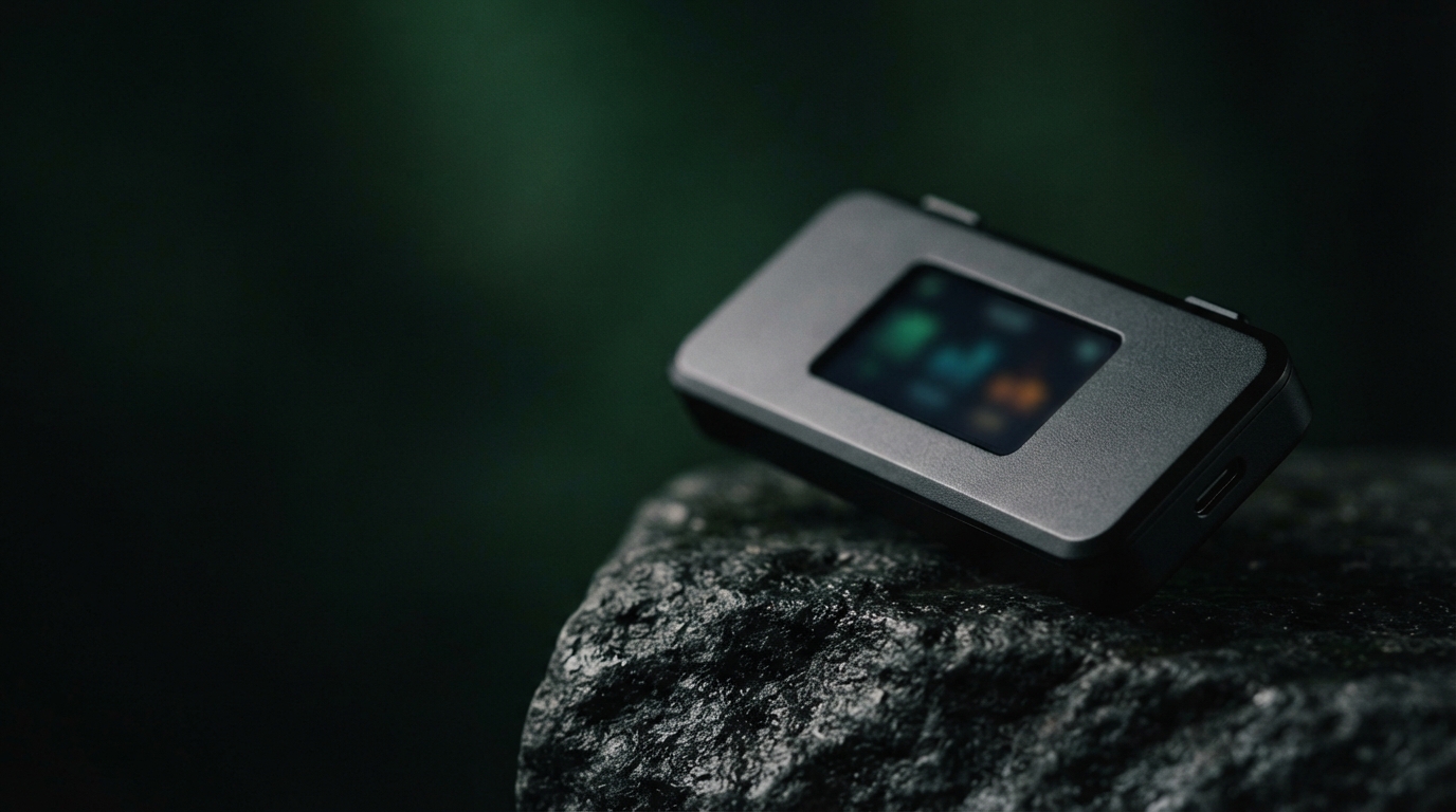 Small dark electronic device with a blurred colorful screen resting on a rough rock in a dark green setting.